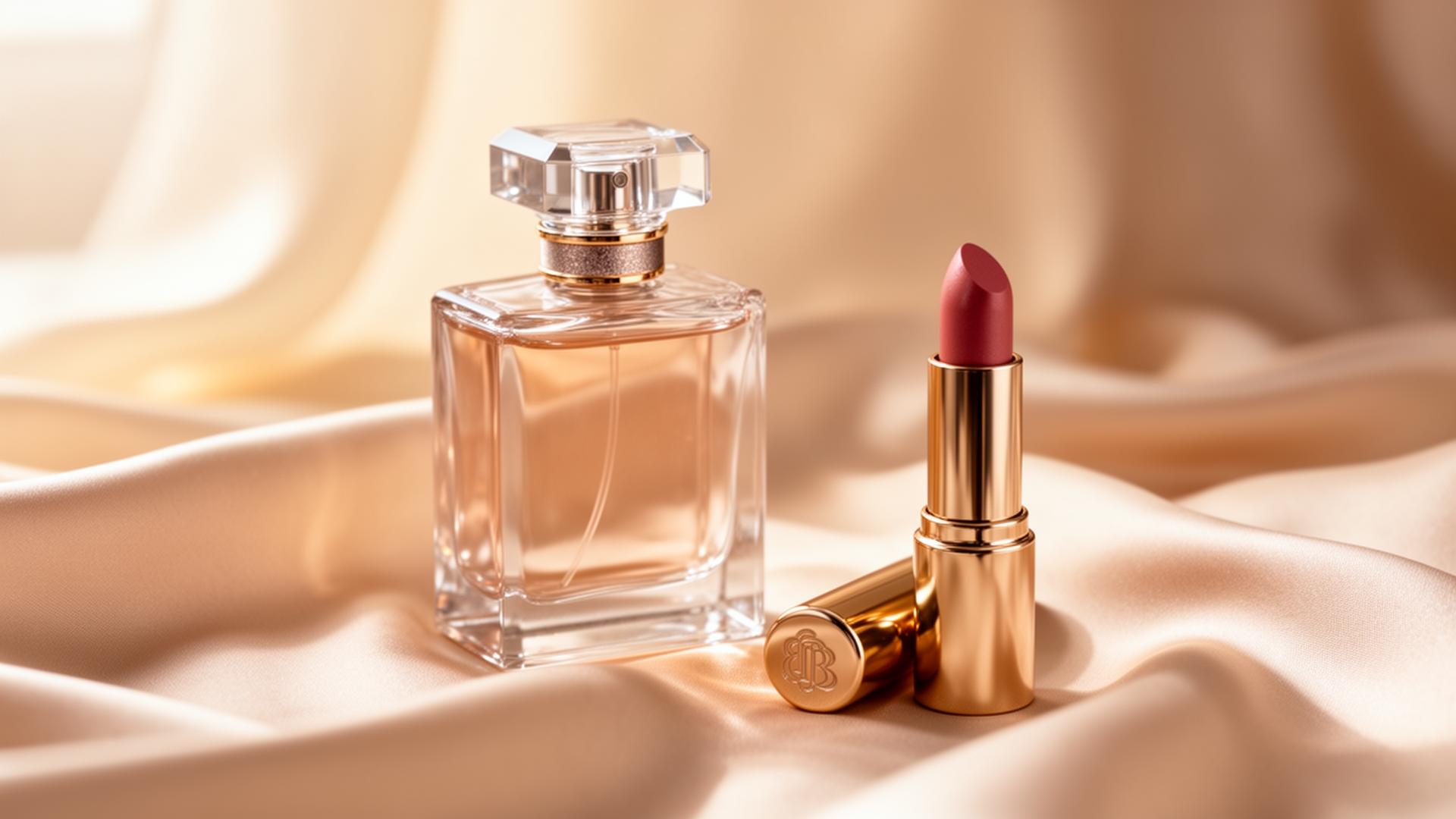 Bodegón editorial de perfume y labial de firma sobre seda nude — Nelah