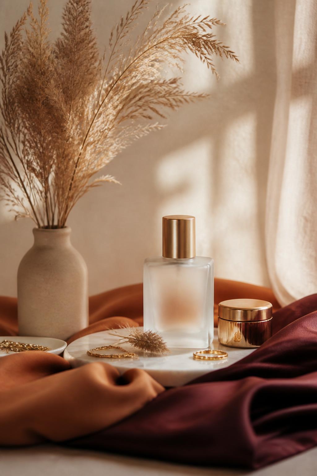 Bodegón de perfumería y cosmética de Nelah con tonos cálidos y dorados