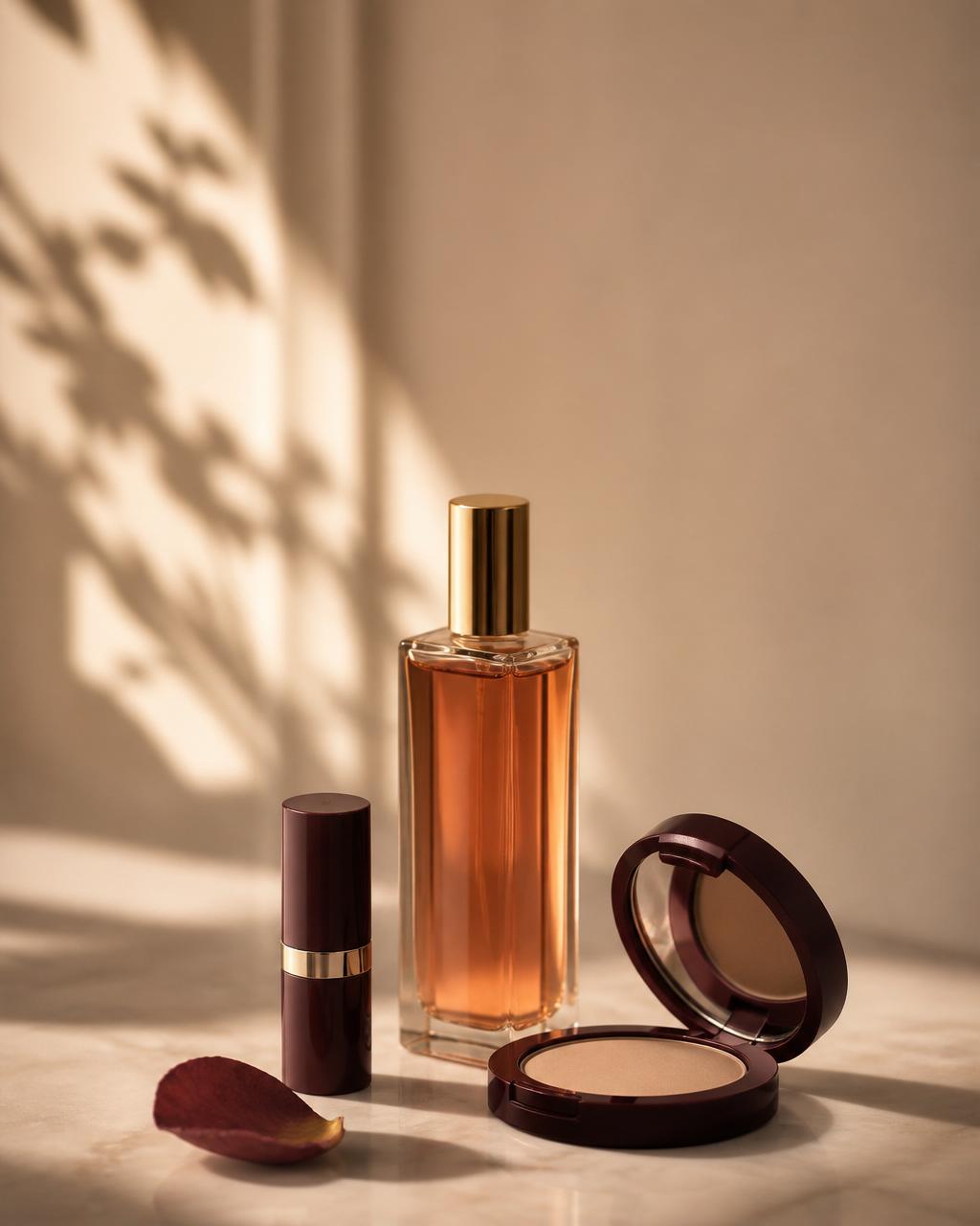 Composición editorial de perfume, labial y polvo compacto